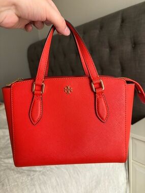 Tory Burch Orange/Red Saffiano Leather Satchel with Gold Logo